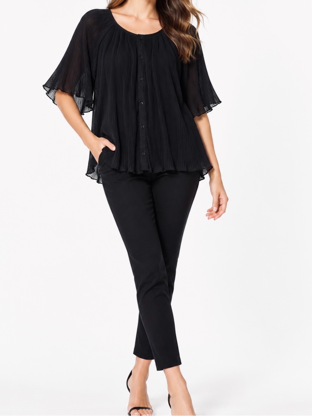 URBAN MANGO Flowy Chiffon Pleated Black Ruffle Sleeve Button Blouse Top — LHP